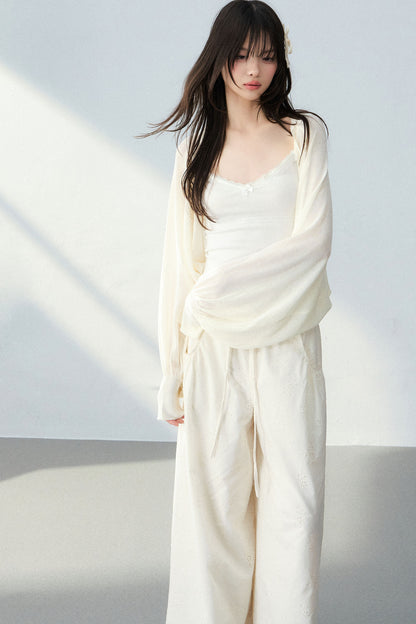 Batwing Cardigan & Camisole With Hollow Out Floral Pants Set-Up