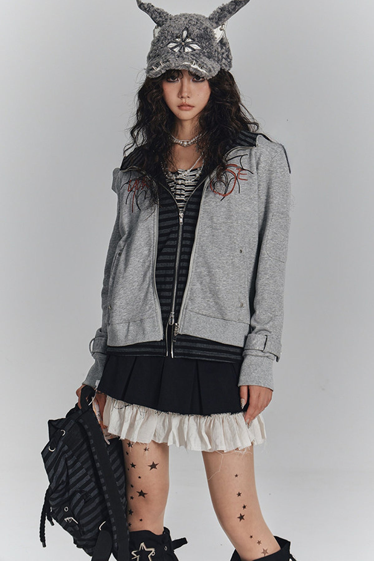 Striped Embroidered Knit Hooded Jacket