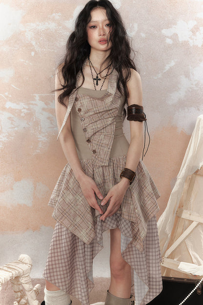 Plaid Asymmetrical Halter Dress