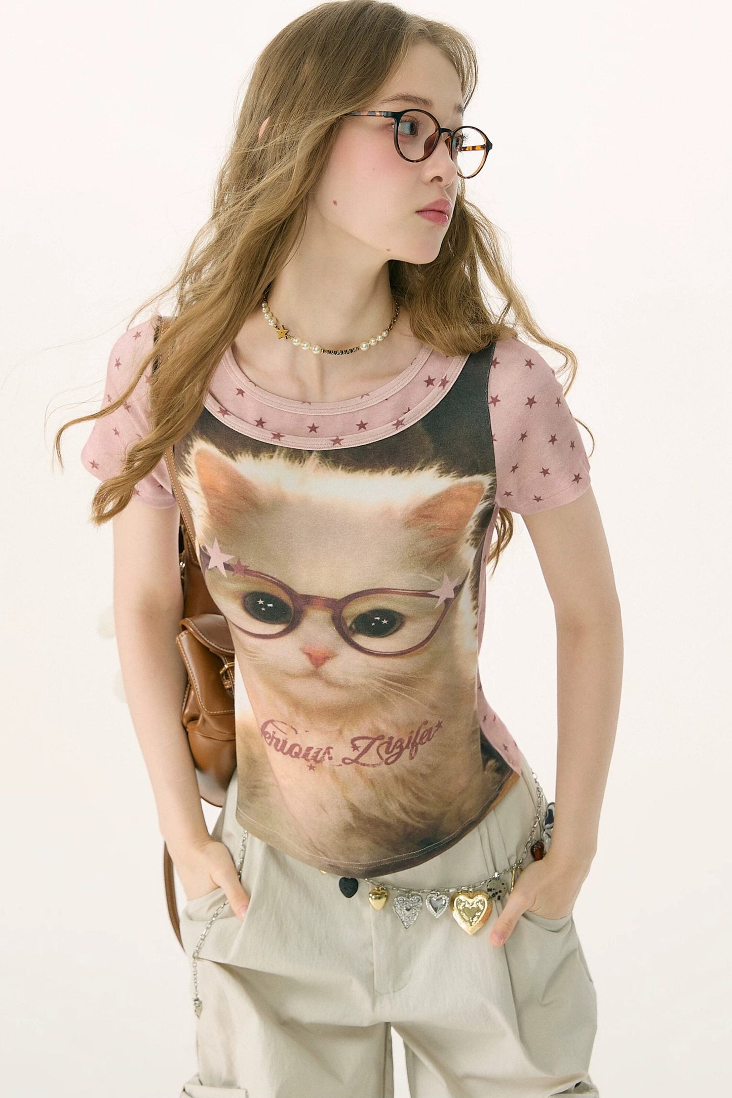 Retro Distressed Cat Print Yellow T-Shirt
