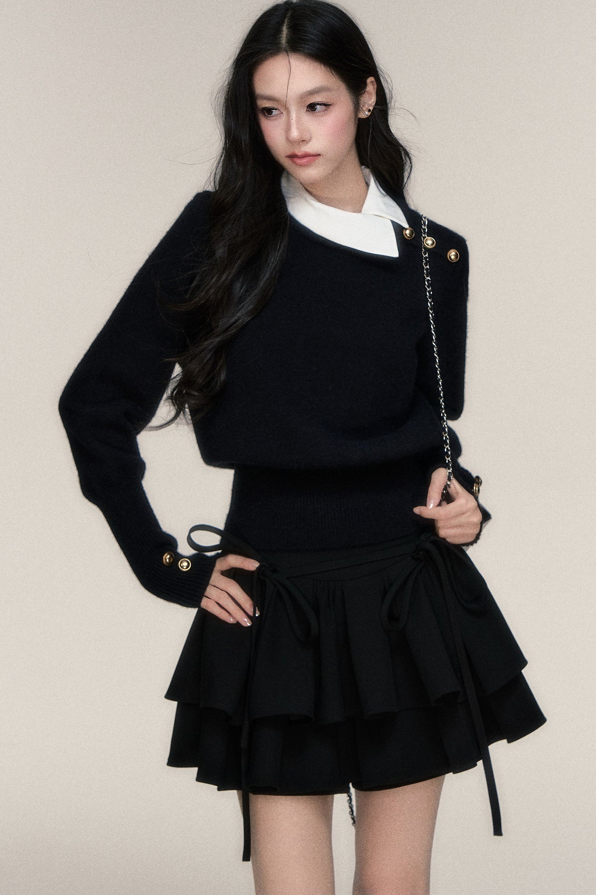 Black White Contrast Knit Top and Skirt Set-Up