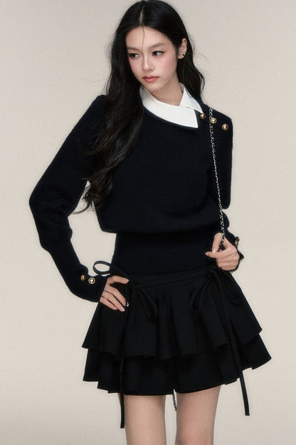 Black White Contrast Knit Top and Skirt Set-Up