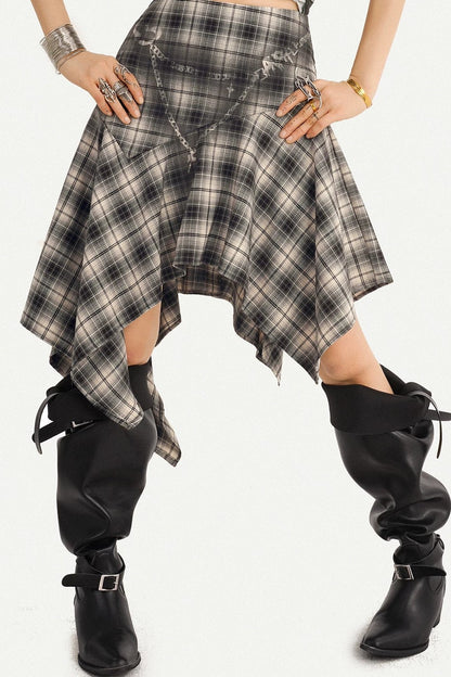 Retro Asymmetrical Plaid Midi Skirt