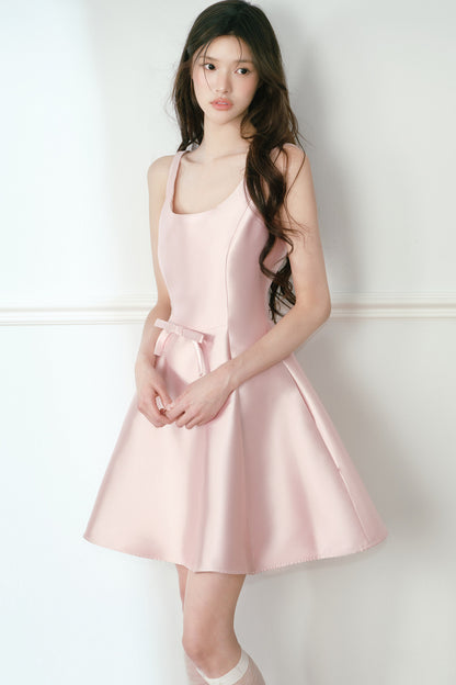 Glossy Satin U-Neck A-Line Dress