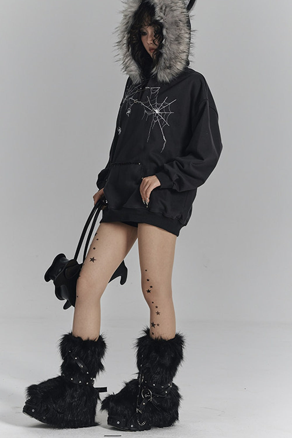 Spider Web Print Hooded Cat Ear Jacket