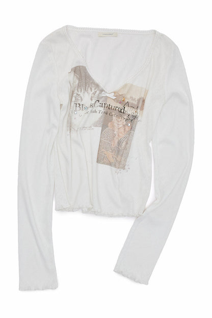 Cat Print Lace Trim Rhinestone Knit T-shirt