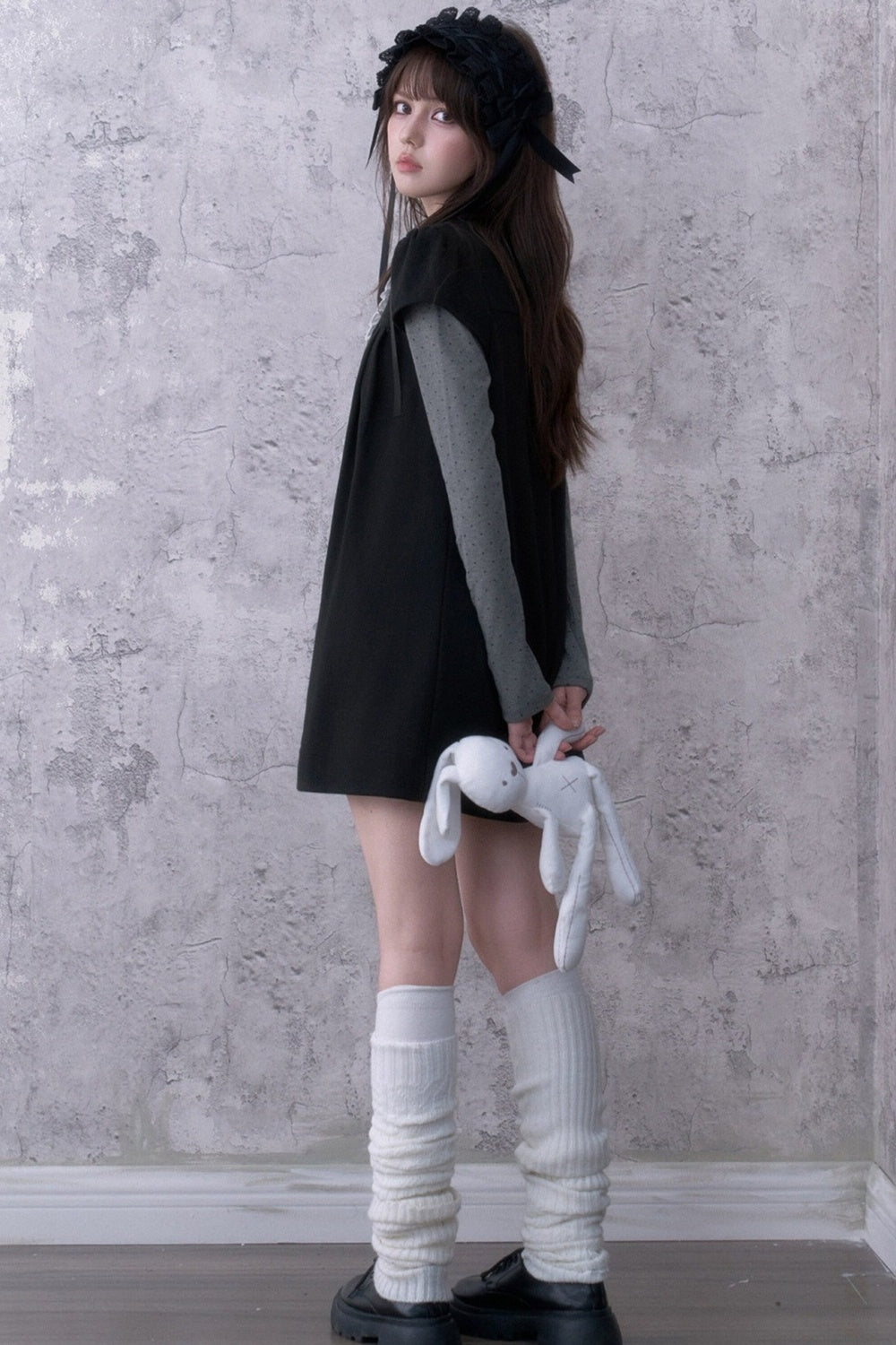 Dark Doll Collar Layered-Look Long Sleeve Dress