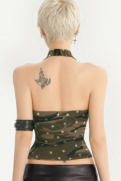 Neckholder-Tanktop mit Camouflage-Totenkopf-Print