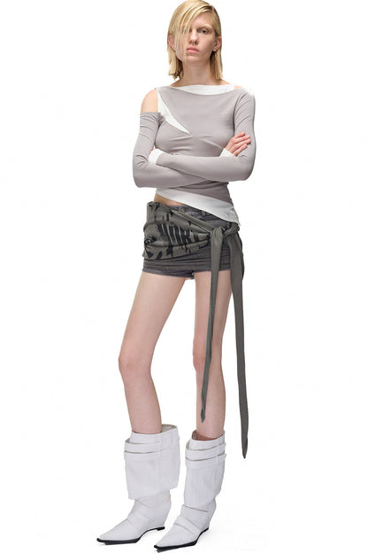 Layered-Look Patchwork Hollow Long-Sleeve T-shirt