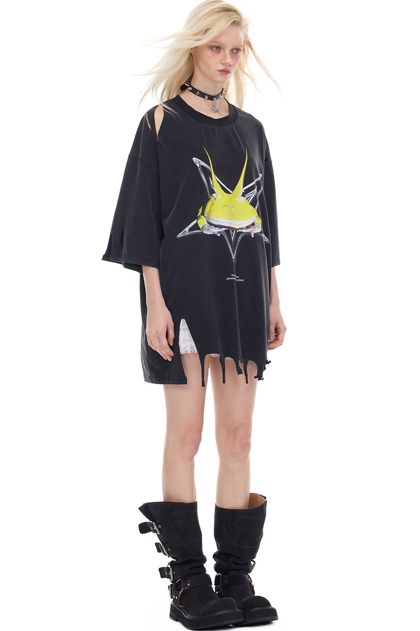 Rock Frog Distressed Irregular Hem T-Shirt