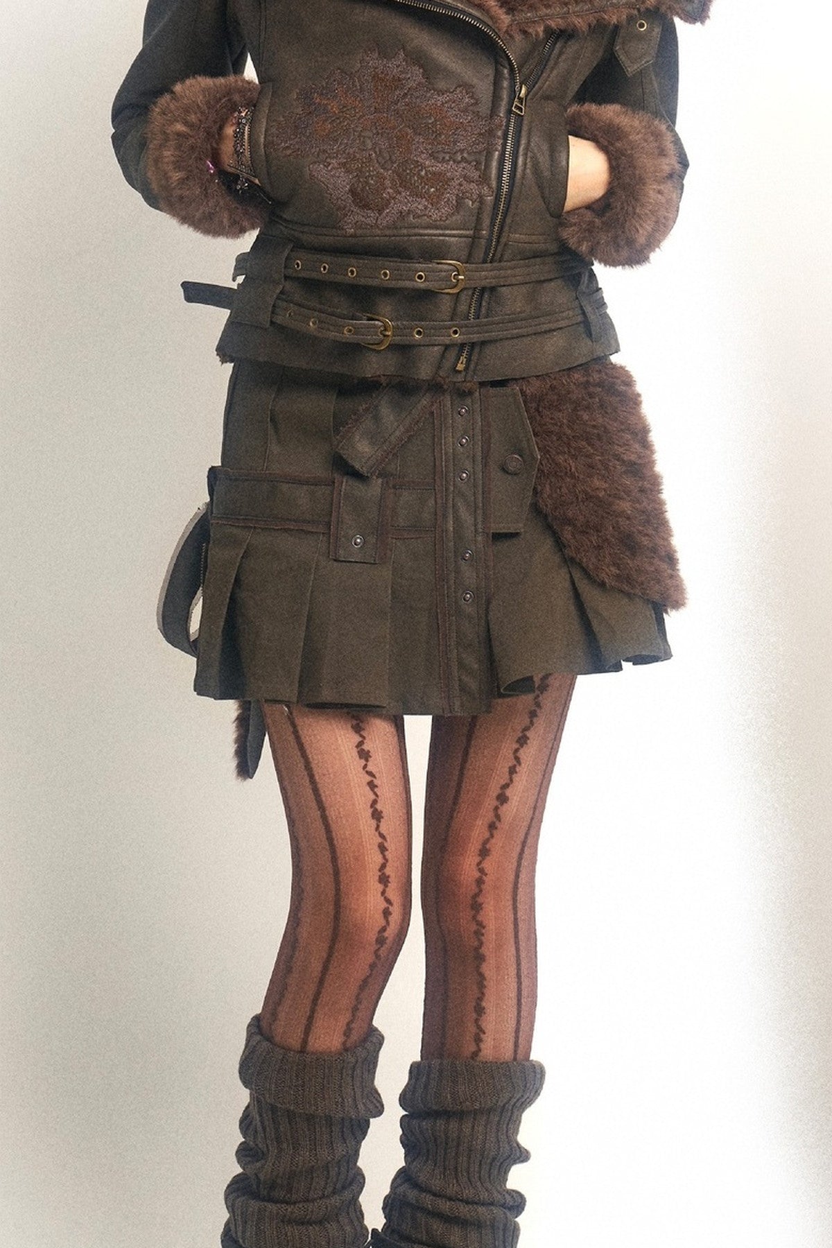 One-Piece Patchwork Detachable Faux Fur Pleated Skirt