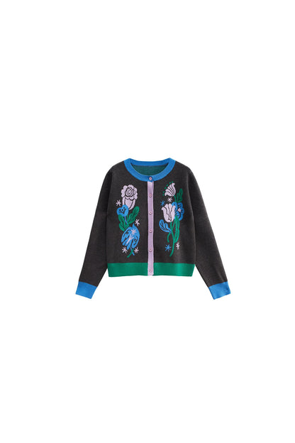 Nightingale Rose Bird Jacquard Knit Cardigan Vest and Skirt Set-Up