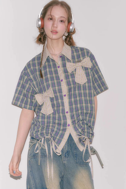 Purple Green Plaid Bow Drawstring Shirt
