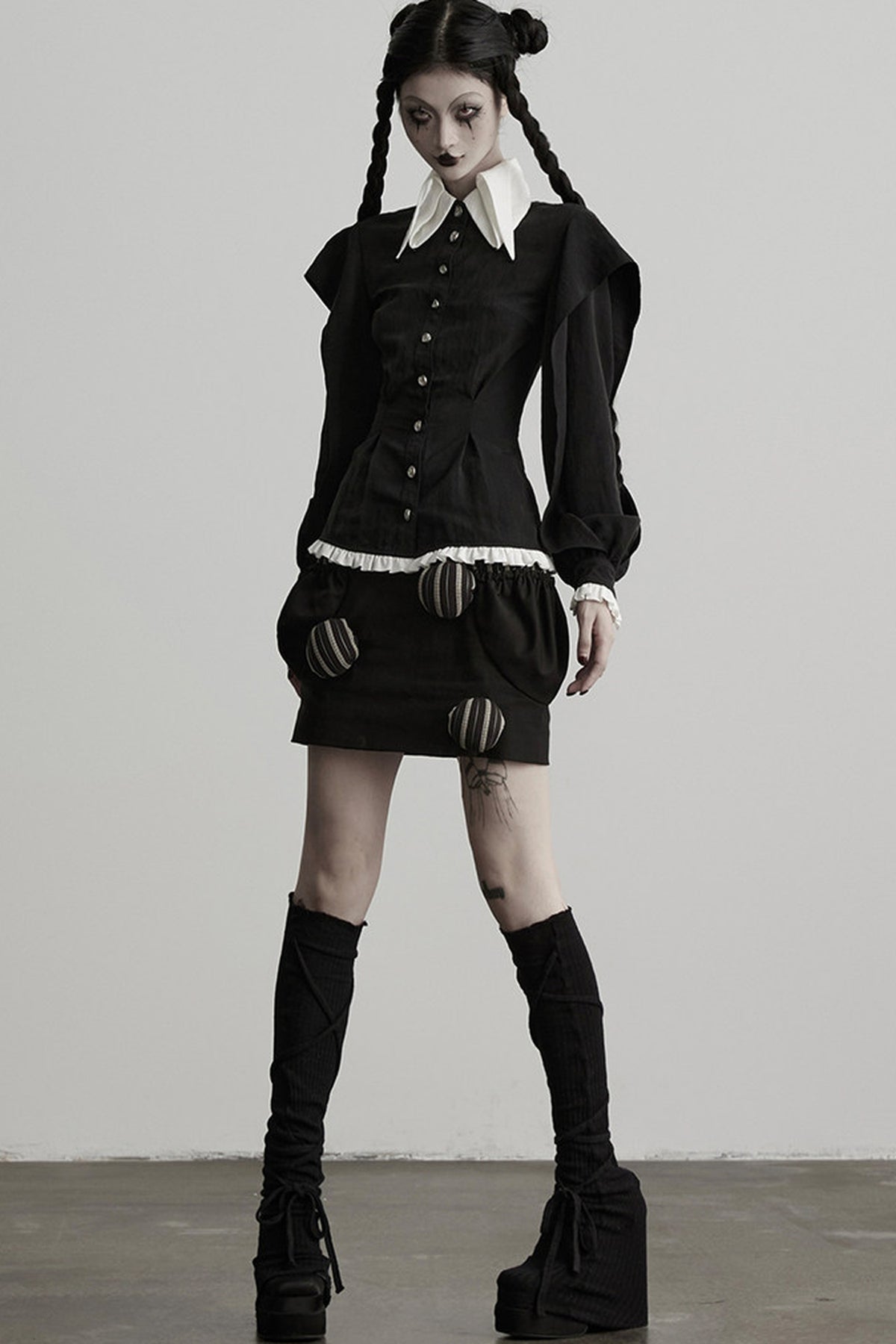 Lyocell Ruffle Patchwork Puff Sleeve Shirt
