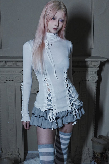 High-Neck Lace-Up Knit Top