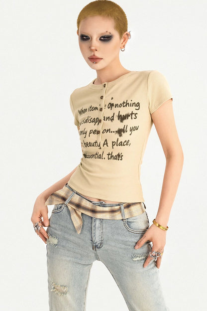 Schmales T-Shirt im koreanischen Stil mit Schriftprint