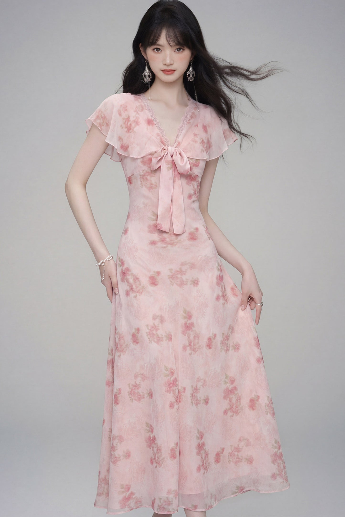 Pink Cherry Rose Floral Dress