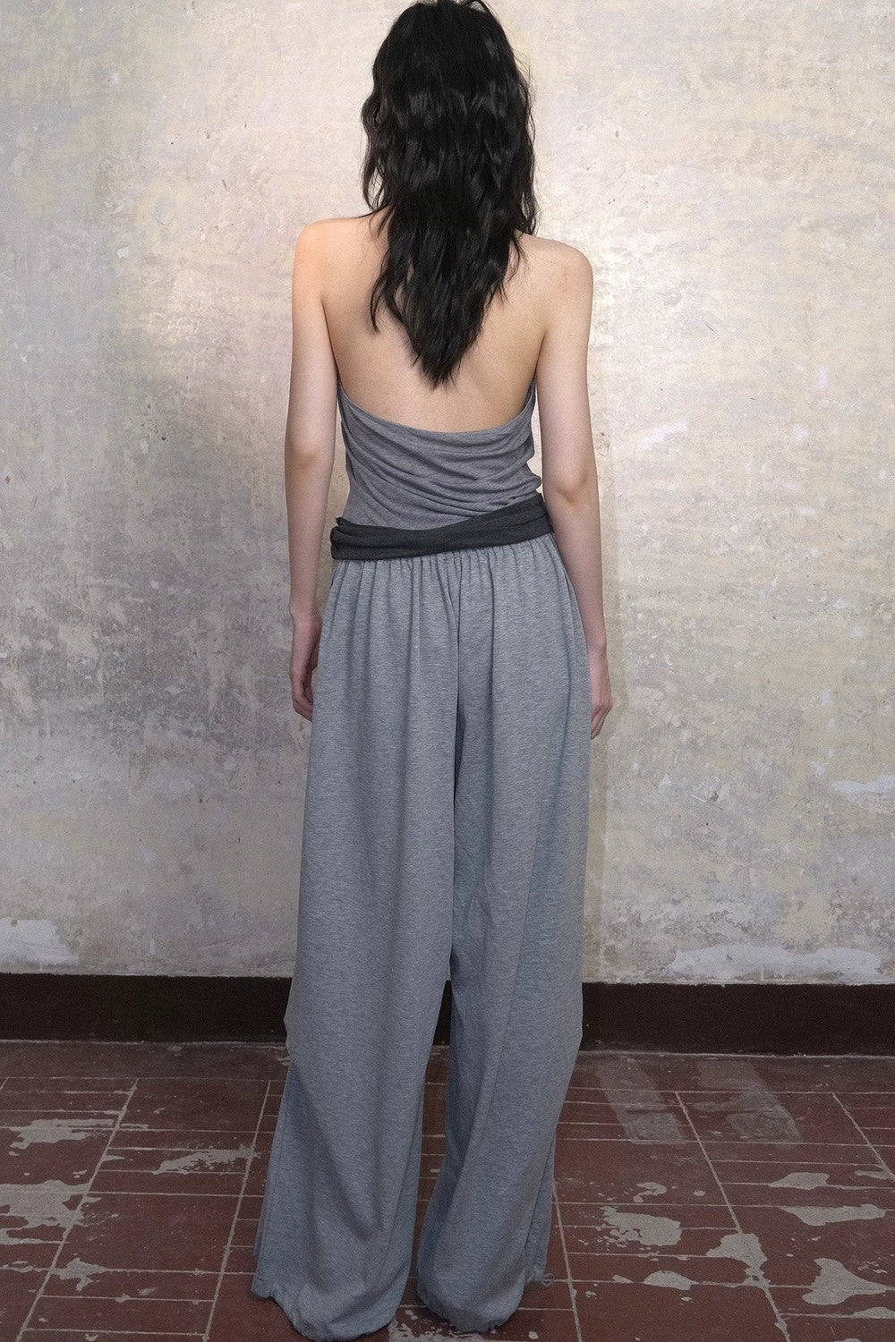 Gray Wide-Leg Pleated Knit Sweatpants