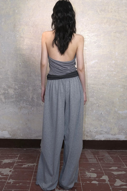 Gray Wide-Leg Pleated Knit Sweatpants