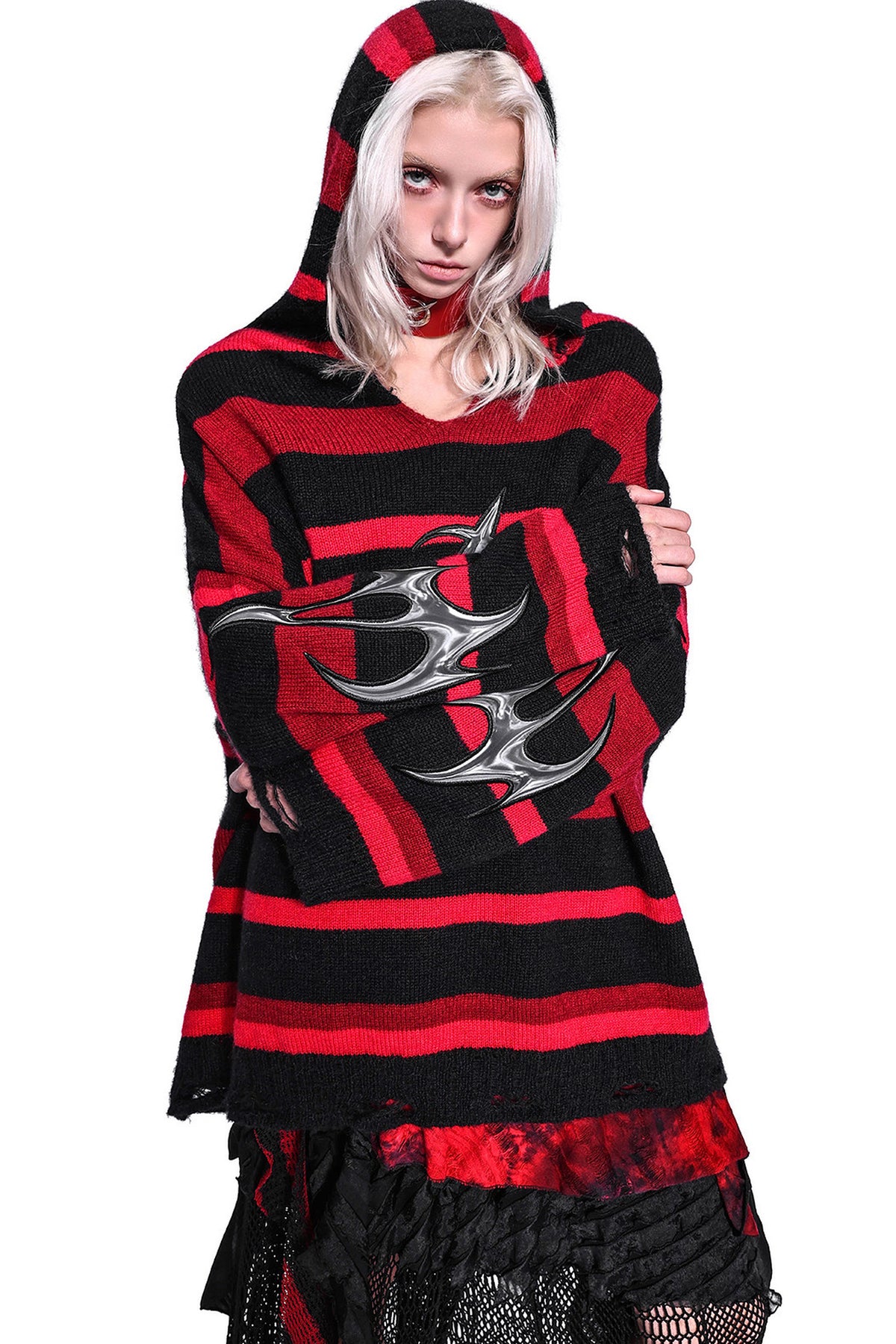 Red Black Striped Embroidered Hoodie