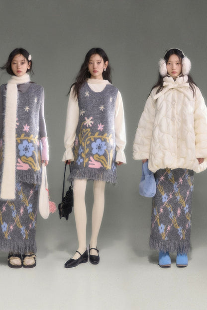 Ear-Shaped Wool-Blend Bird and Flower Jacquard Dress Set-Up