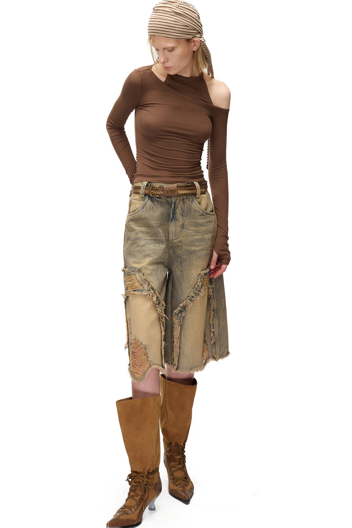 Asymmetrical Halter Off-Shoulder Long-Sleeve Top