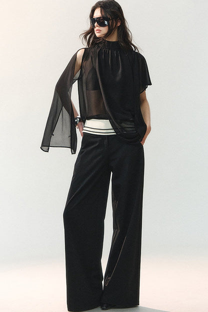 Ink Pleated Lace Asymmetrical T-Shirt