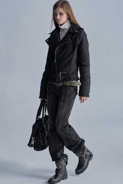 Punk Diagonal Zipper Belted Jacket