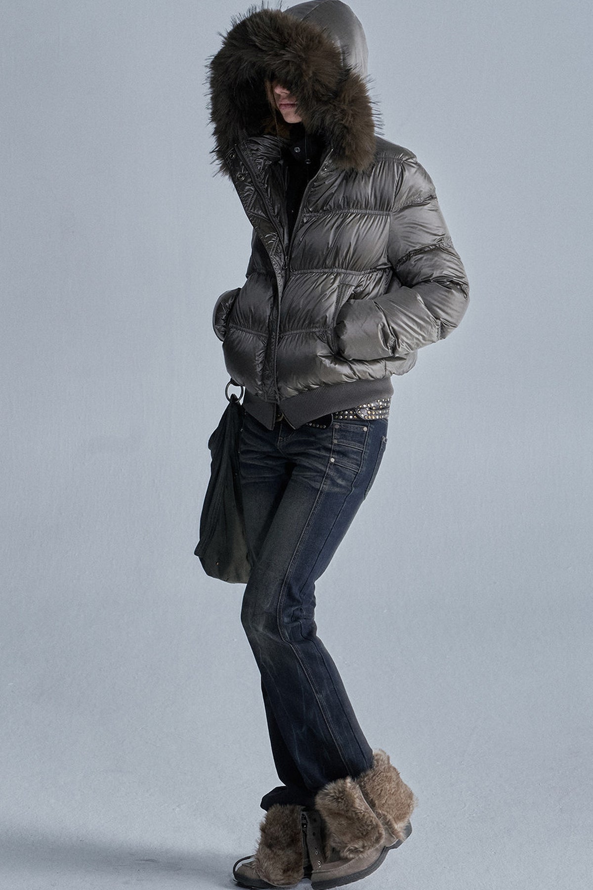 Silver Foil Fur Collar Jacket