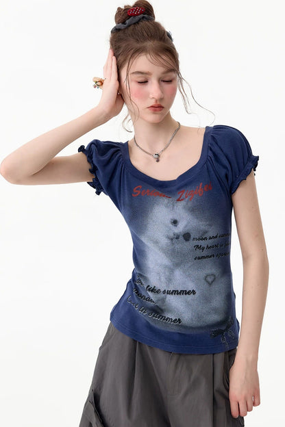 Dark Blue Puff Sleeve T-Shirt