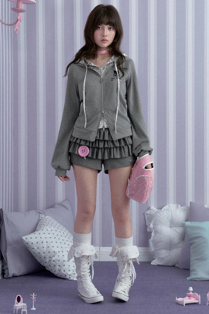 Gray Leopard Print Double-Layer Hooded Sweatshirt Jacket