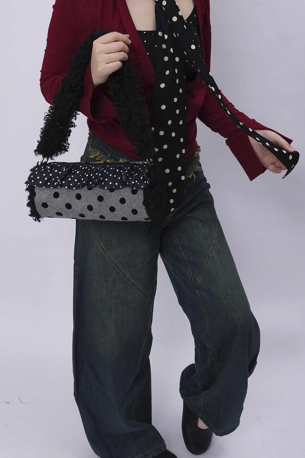 Polka Dot Ruffled Cylinder Bag