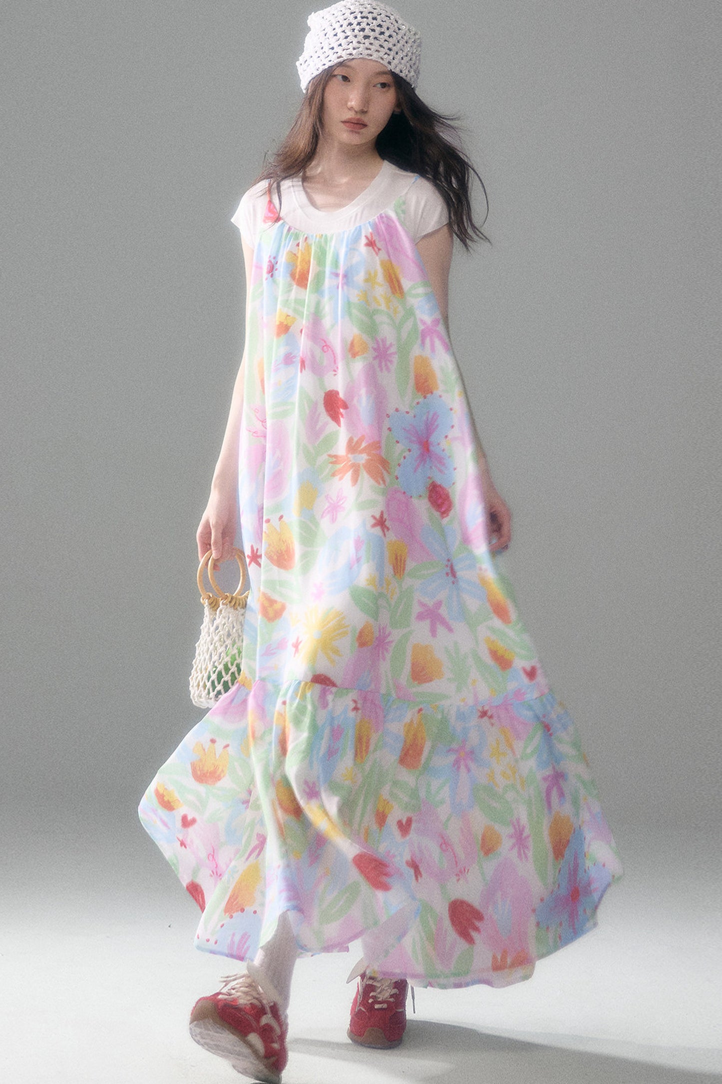 Hand-Painted Watercolor Flower Print Strap Dress