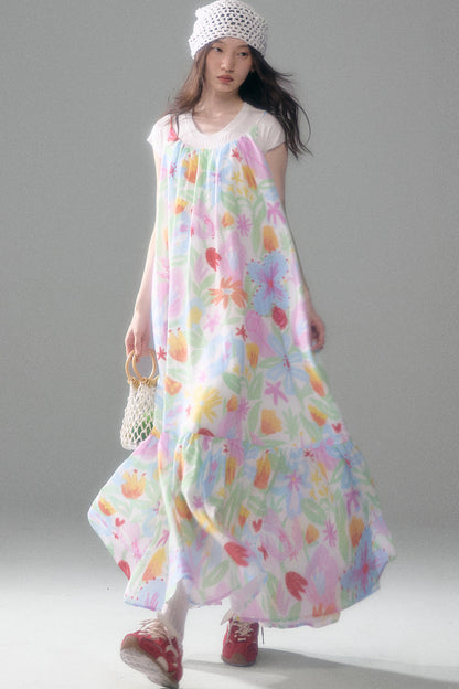 Hand-Painted Watercolor Flower Print Strap Dress