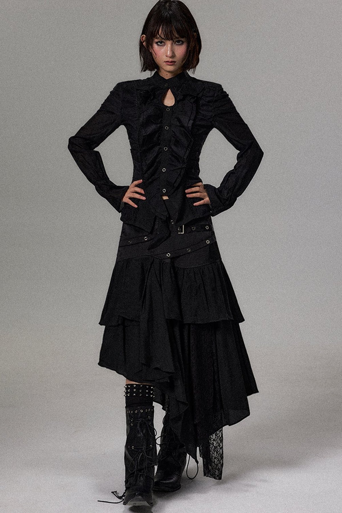 Asymmetrical Ruffle Pleated Patchwork Shirt