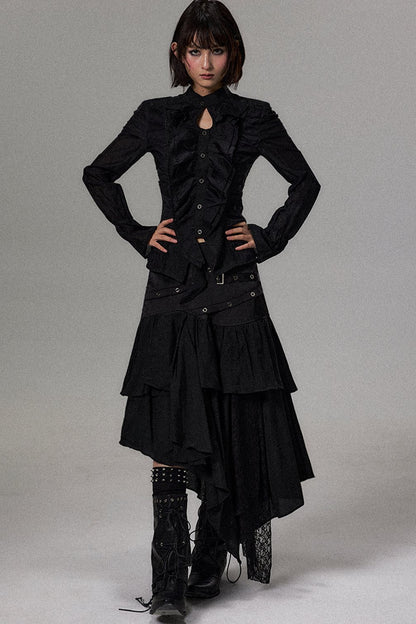 Asymmetrical Ruffle Pleated Patchwork Shirt