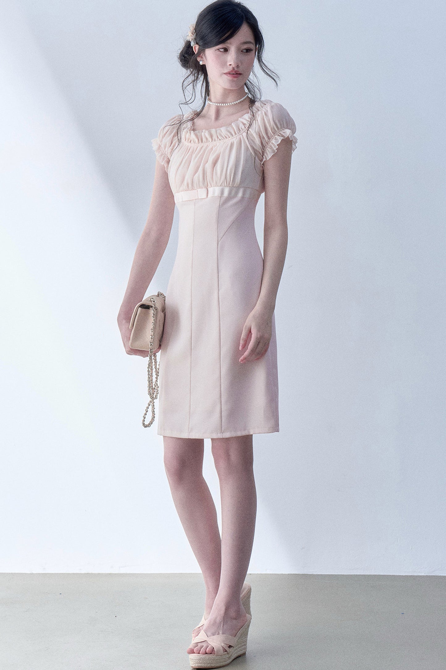 Square Neck High-Waisted Bodycon Chiffon Dress