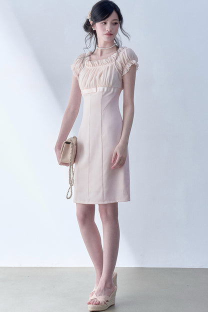 Square Neck High-Waisted Bodycon Chiffon Dress