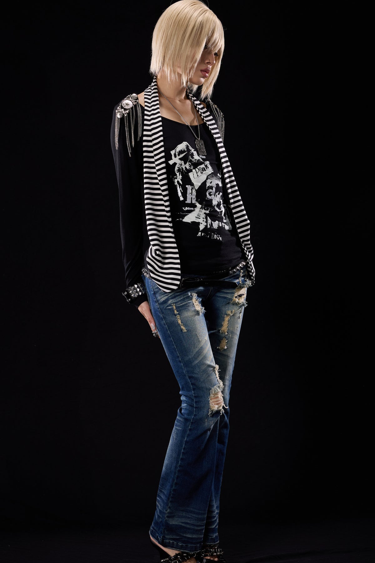 Distressed Cross-Studded Flared Jeans