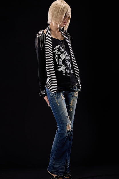 Distressed Cross-Studded Flared Jeans
