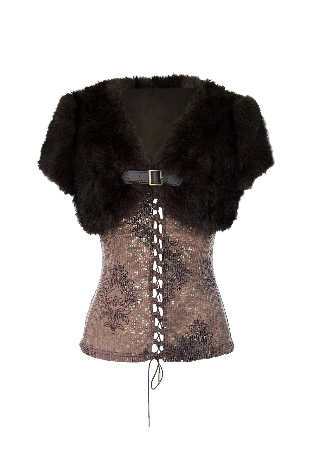Heavy Sequin Embroidery Camisole and Fur Vest Set-Up