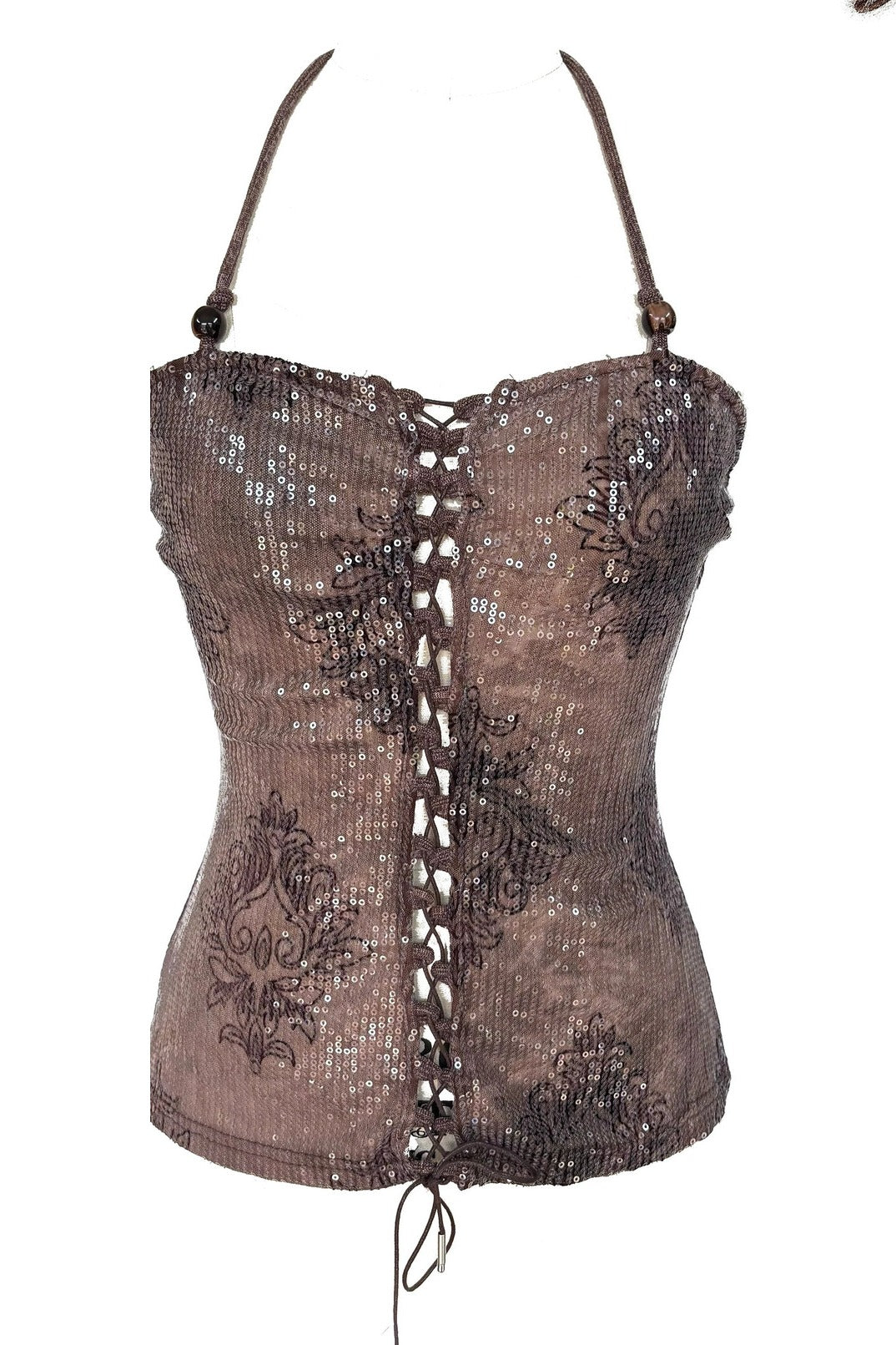 Heavy Sequin Embroidery Camisole and Fur Vest Set-Up