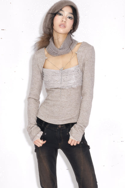 Knit Rhinestone Lace Layered-Look Top