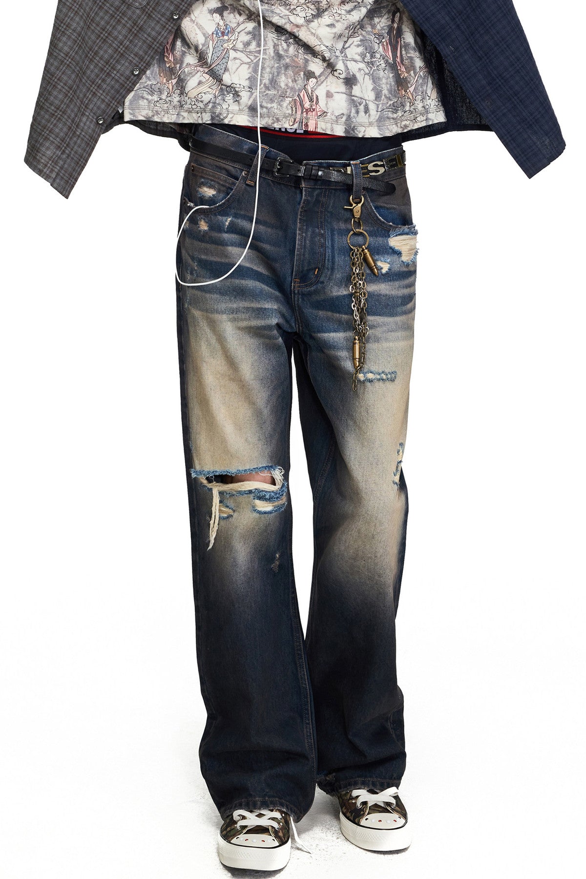 Gradient Washed Distressed Flared Jeans