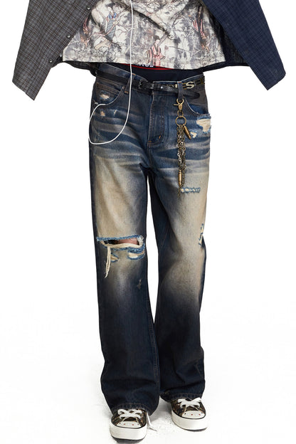 Gradient Washed Distressed Flared Jeans