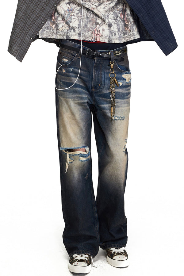 Gradient Washed Distressed Flared Jeans