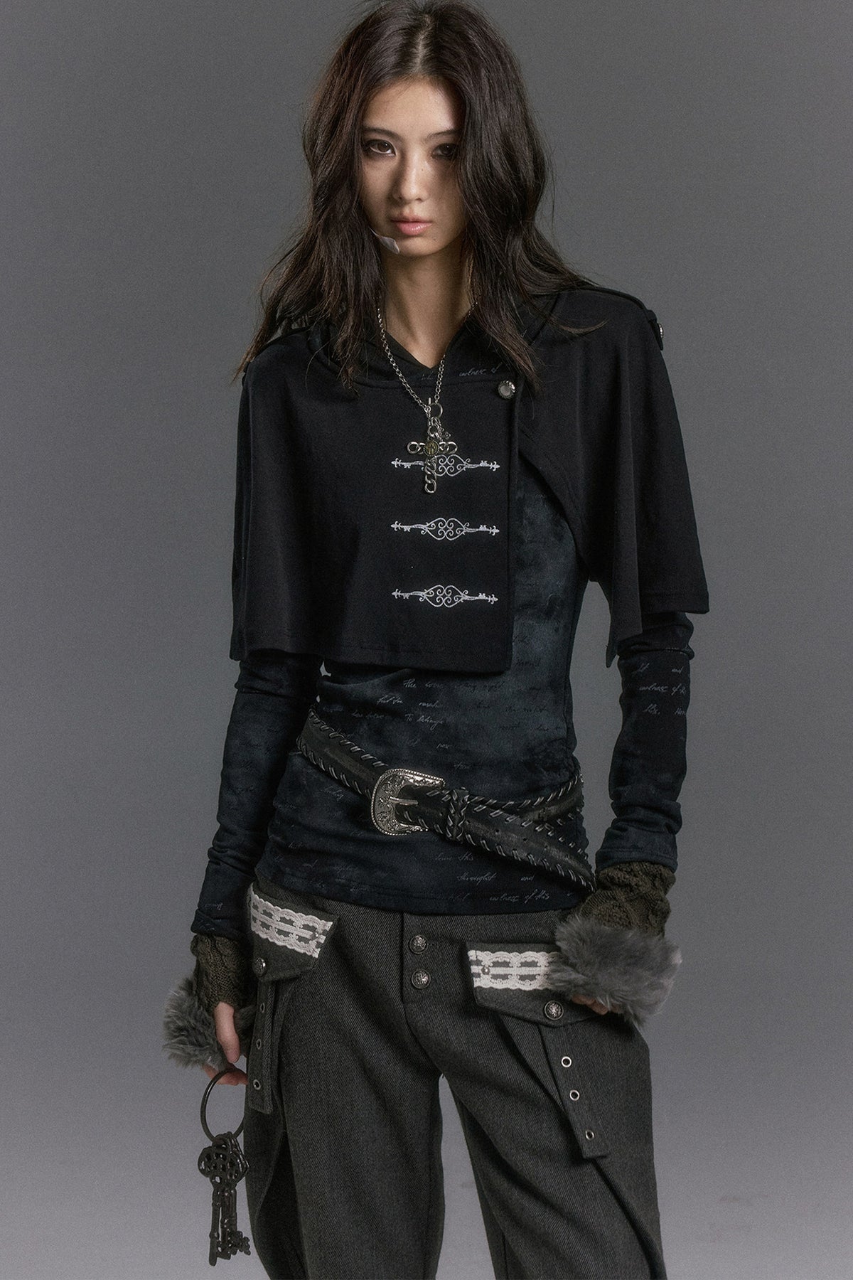 Silver Letter Print Hooded Knit Top