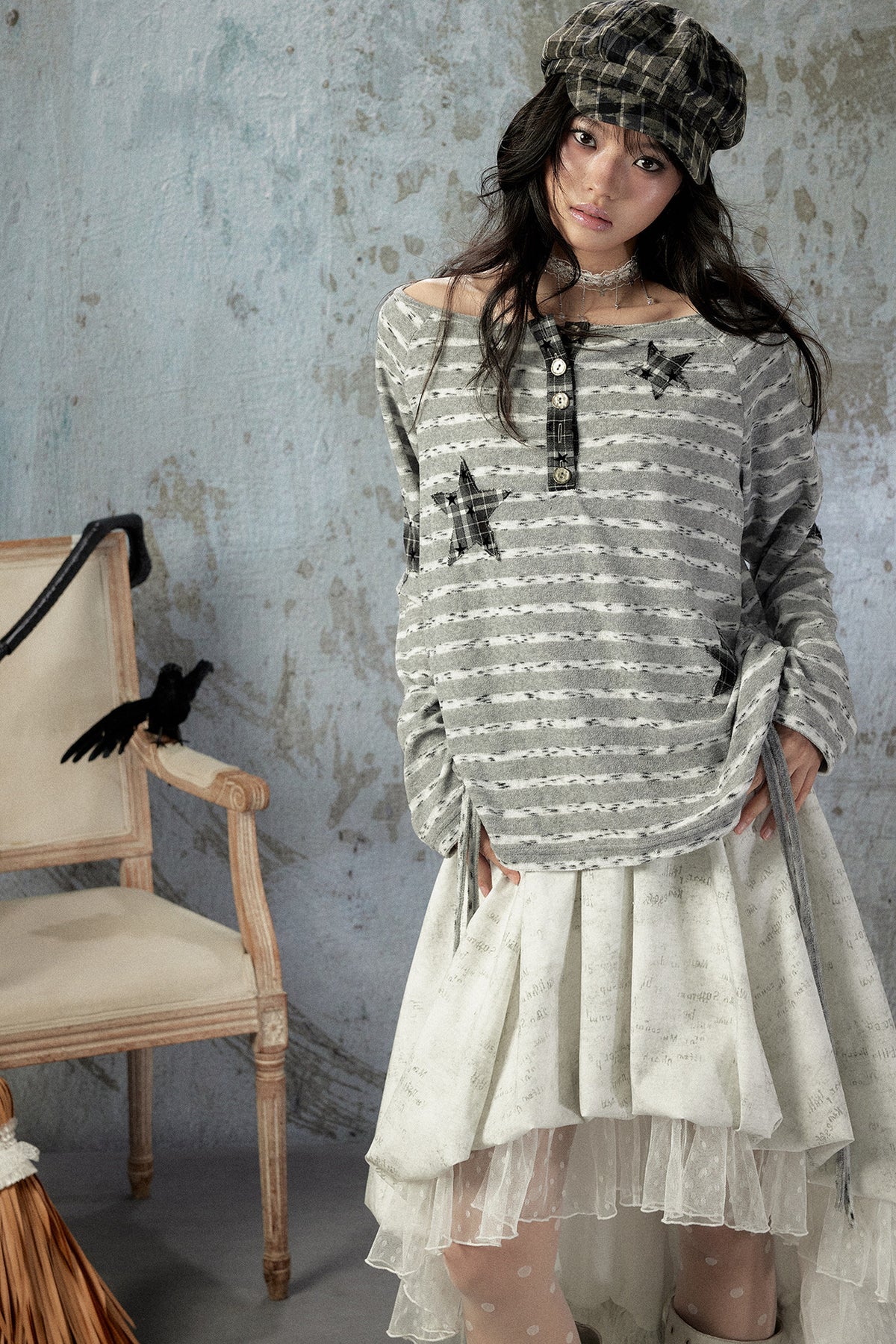 Striped Off-Shoulder Long-Sleeve T-Shirt
