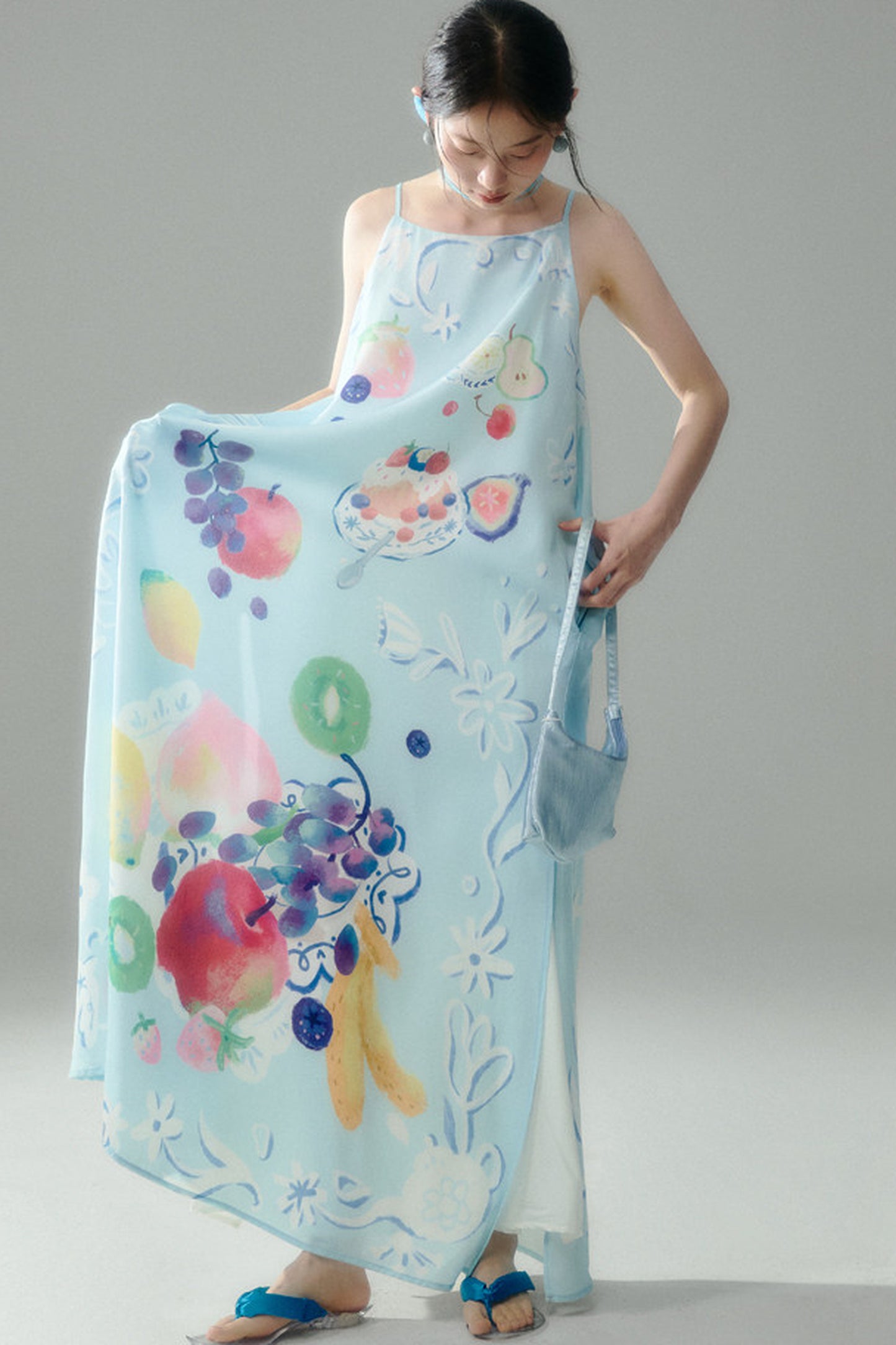 Hand-Painted Fruit Print Slip Dress