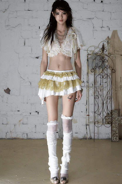 White Gold Tiered Ruffle Raw Edge Skirt